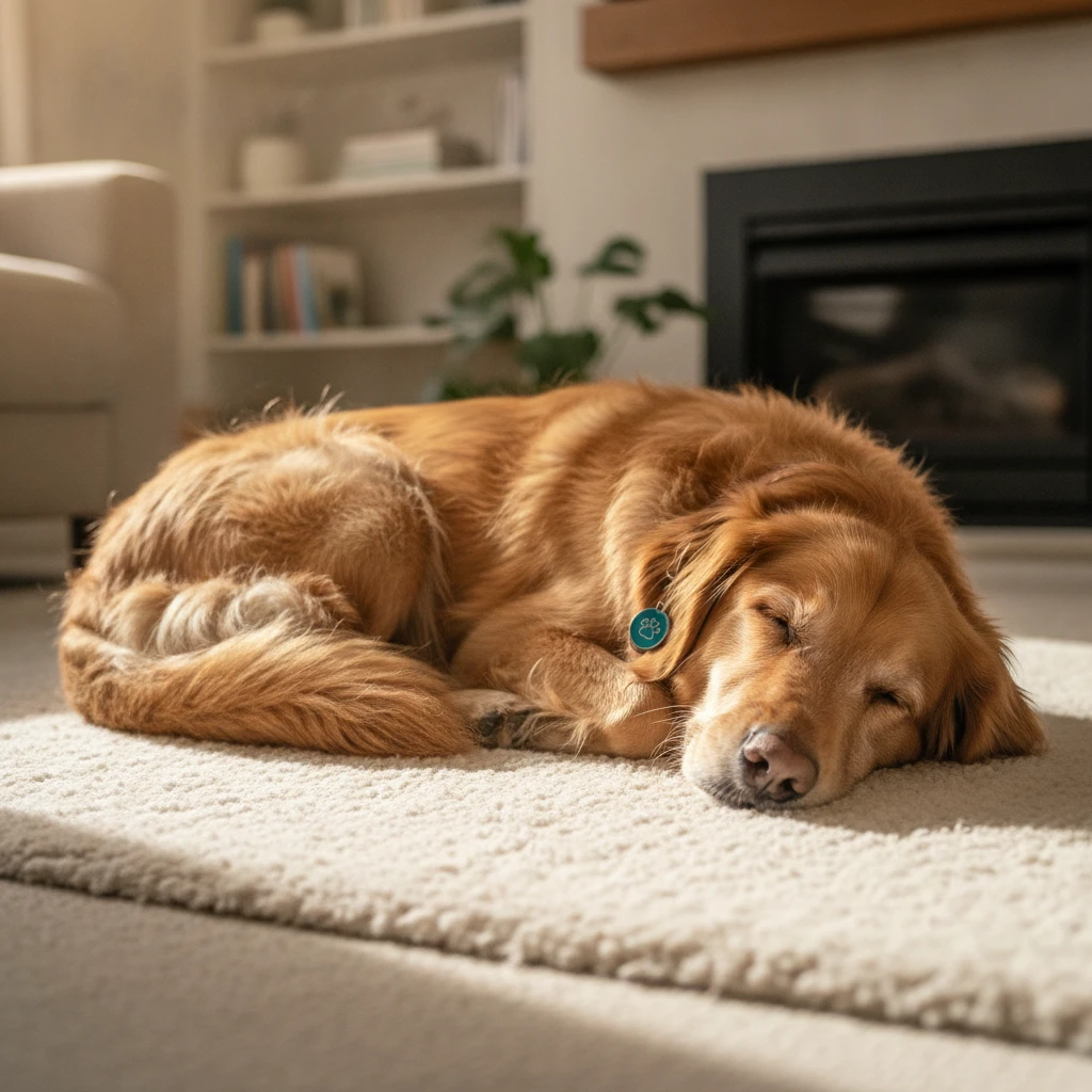 A calm and relaxed dog sleeping peacefully on a rug inside a safe home environment.