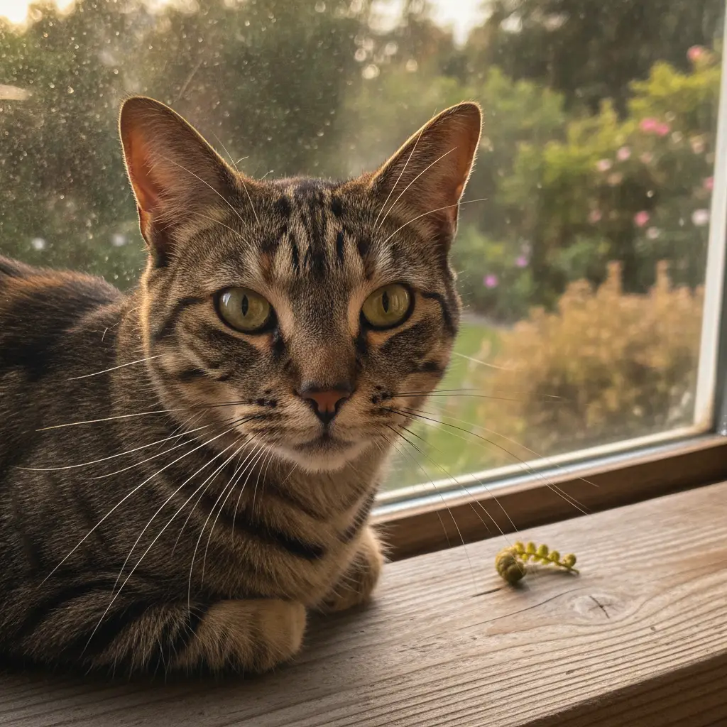 A calm cat looking out a window, representing a peaceful transition to a new home
