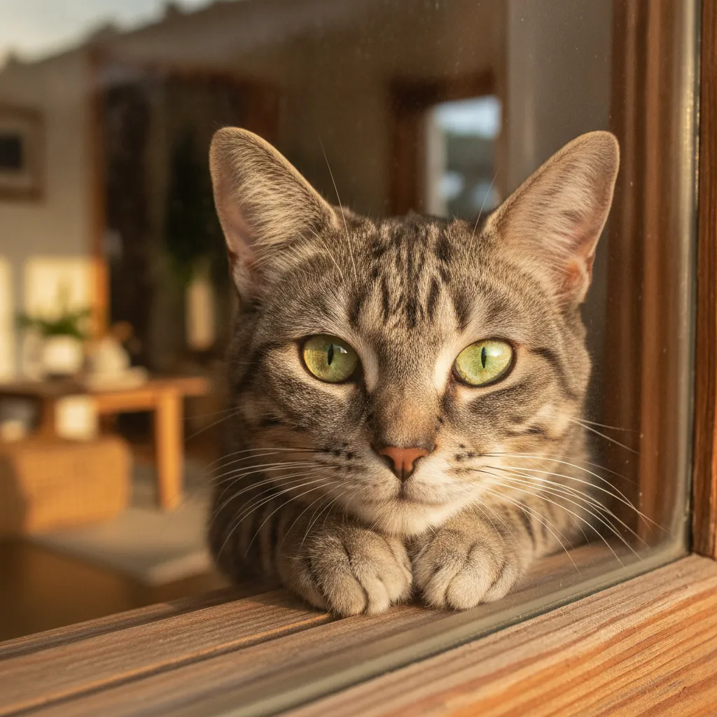 A calm cat resting on a windowsill, representing a safe home-to-home pet adoption