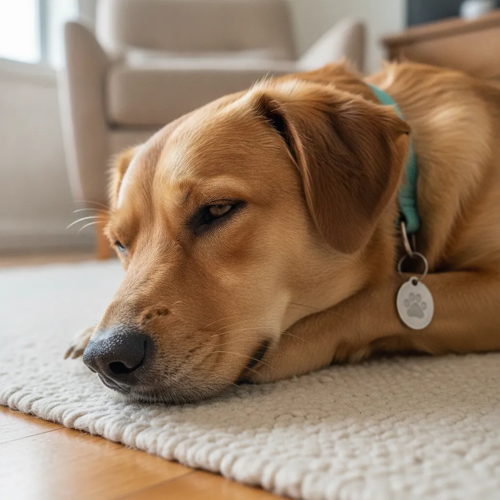 A calm dog resting peacefully in a home environment