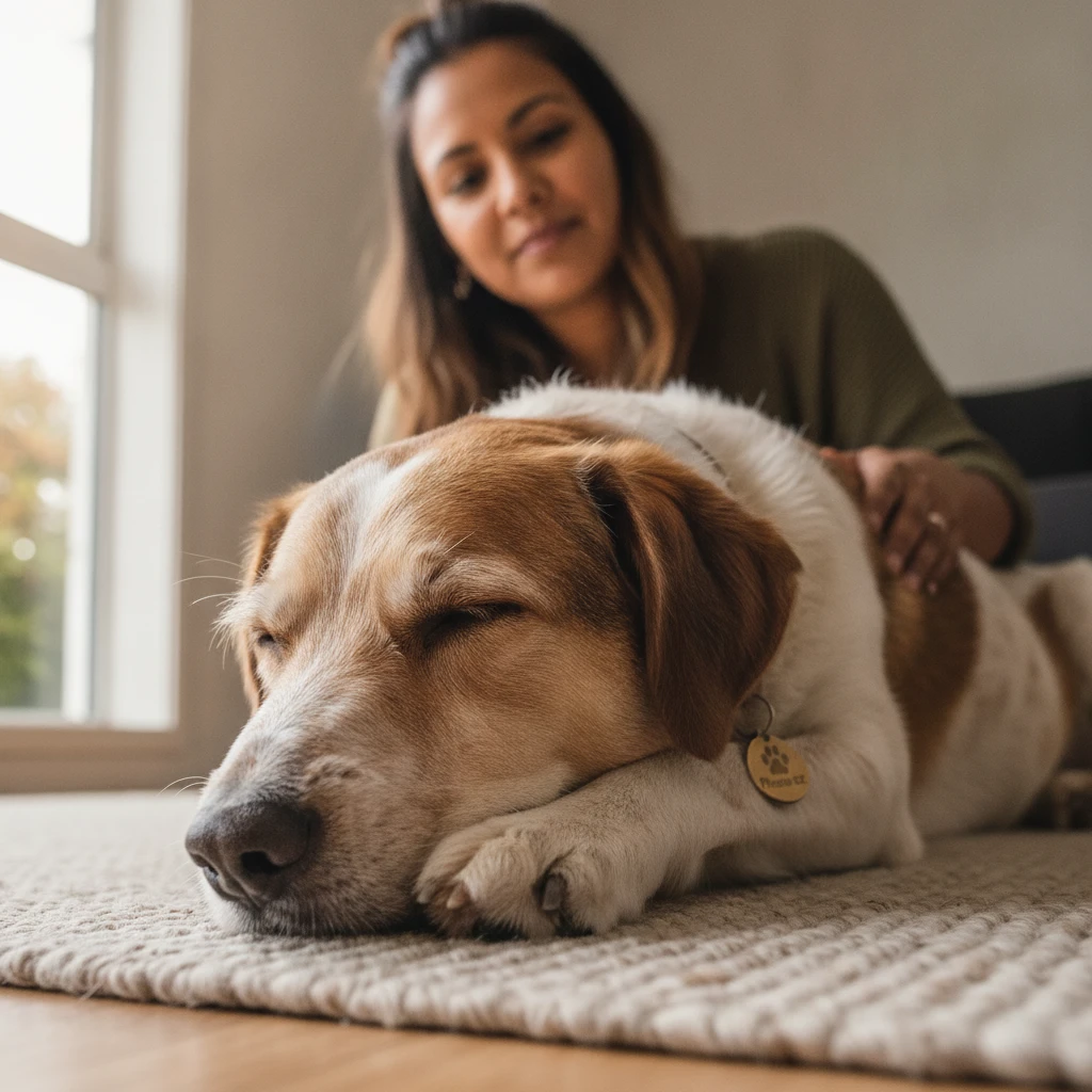 A calm dog resting safely at home, avoiding the stress of an animal shelter