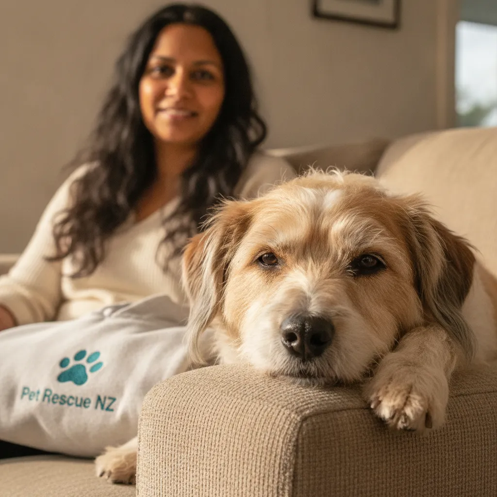 A calm dog resting safely at home on a couch, representing zero cage time