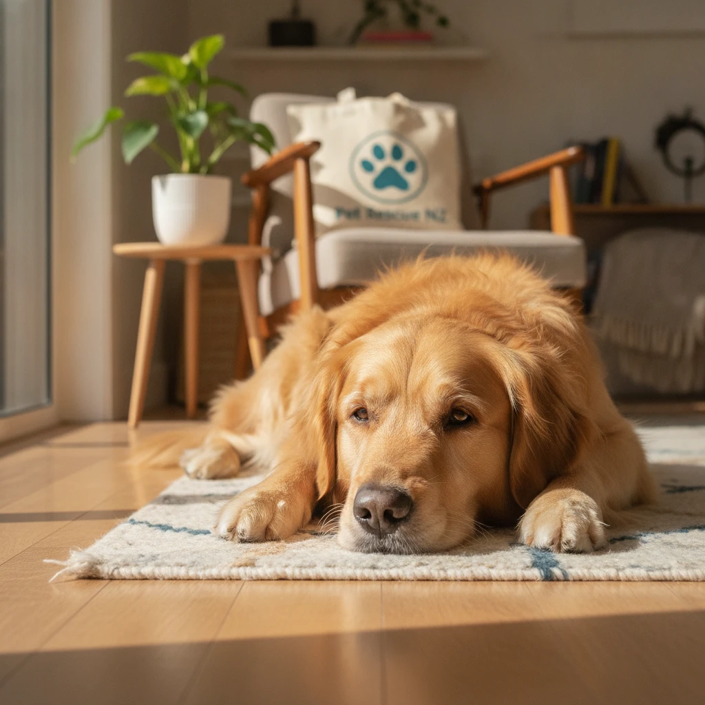 A calm dog resting safely at home, representing the zero cage time philosophy of home-to-home rehoming
