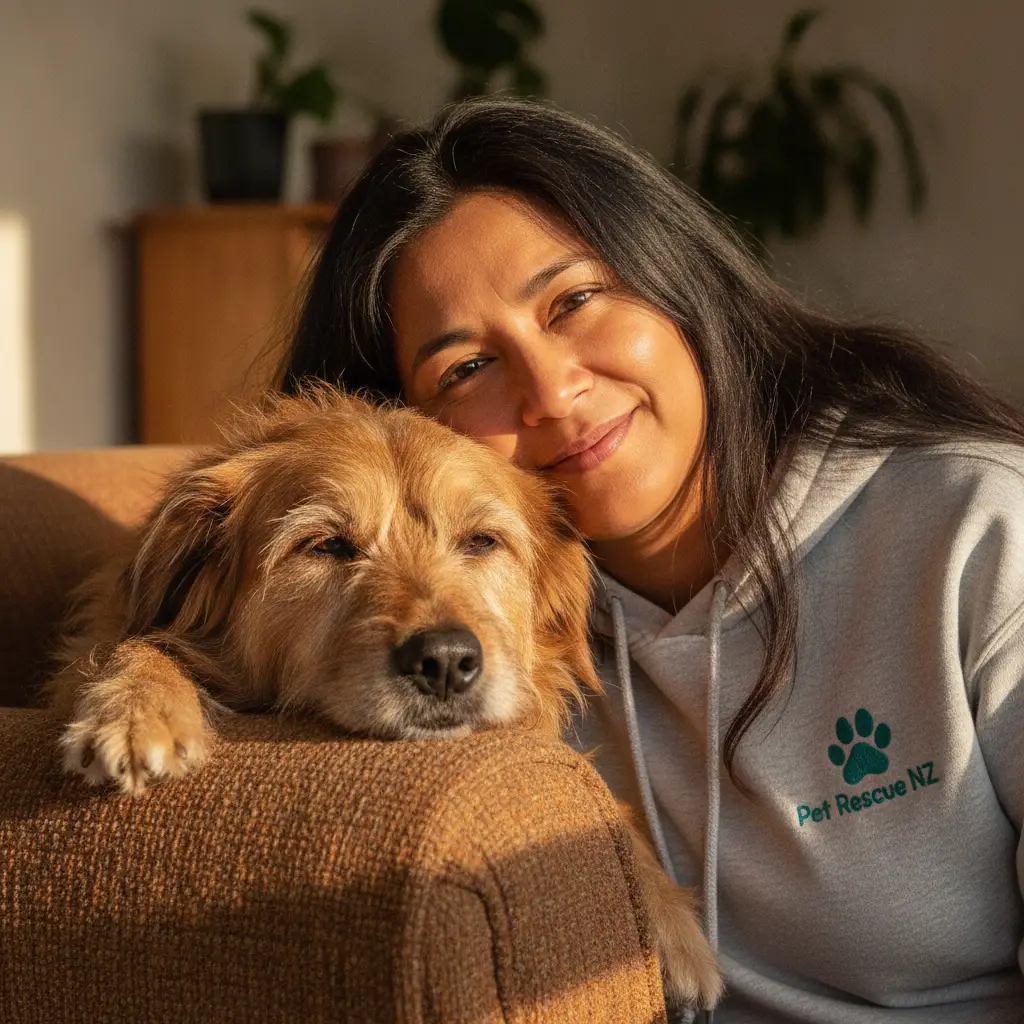 A calm dog resting safely on a couch, representing the zero cage time philosophy of home-to-home pet rehoming