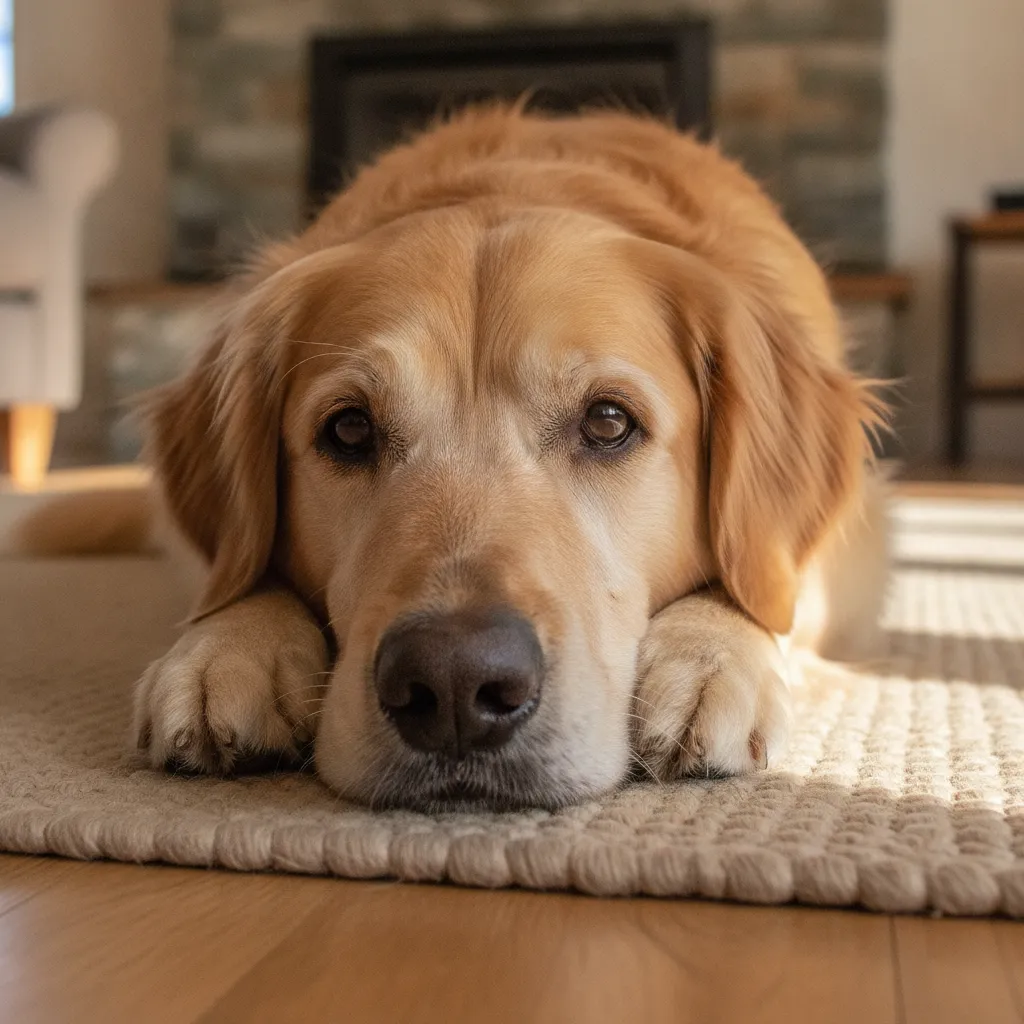 A calm Golden Retriever resting safely on a rug in a home environment