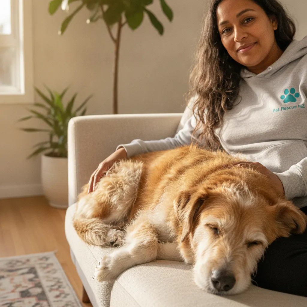 A calm rescue dog resting safely on a couch at home