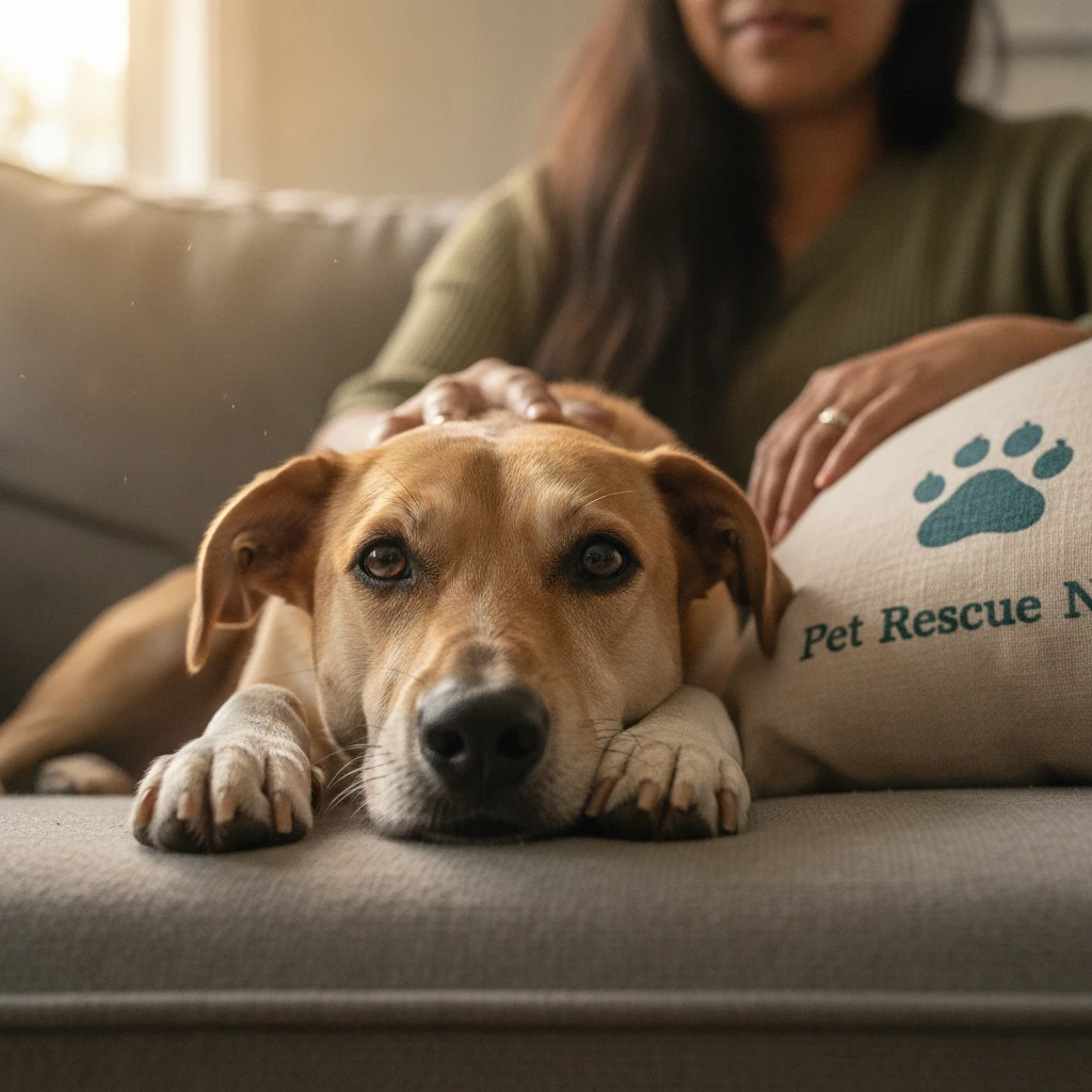 A calm rescue dog resting safely on a home couch, illustrating zero cage time