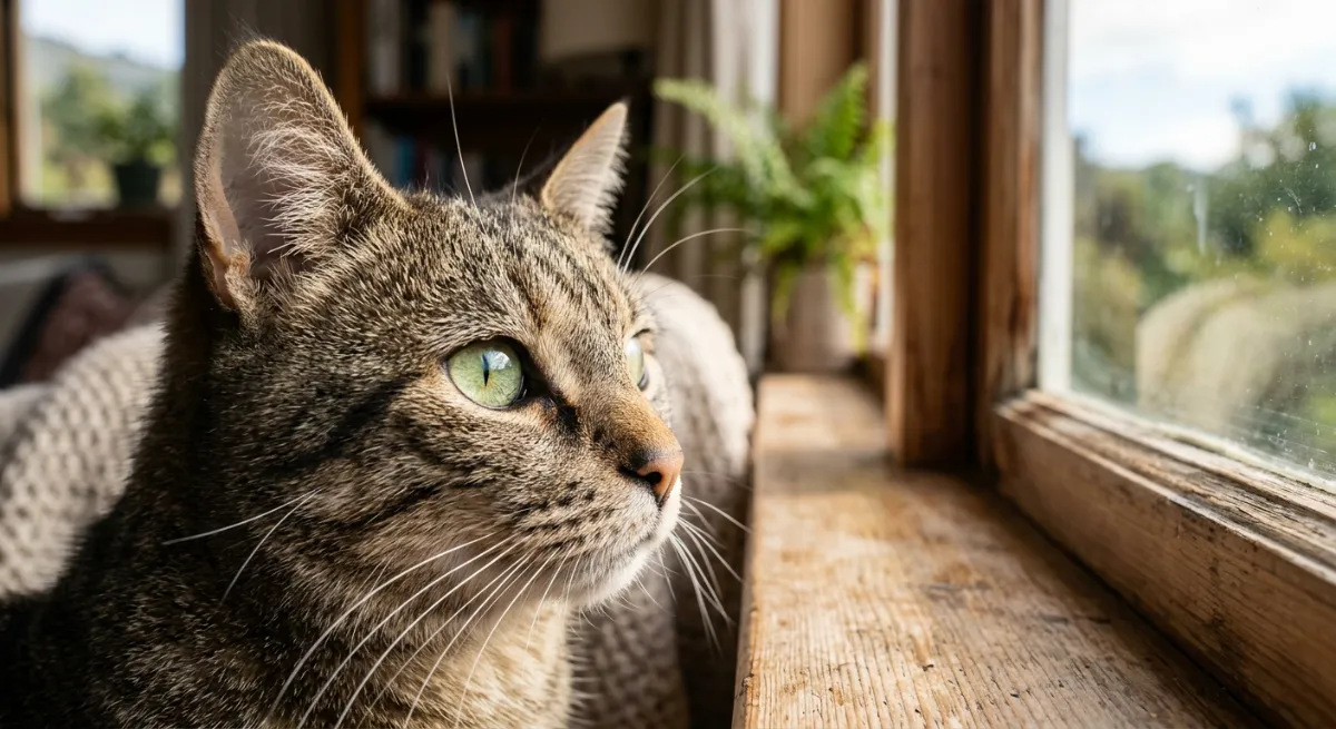 A calm tabby cat looking out the window in a peaceful home setting