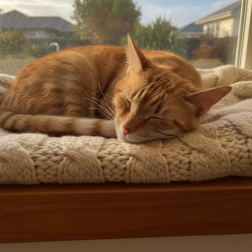 A cat sleeping peacefully in a sunlit window, highlighting the safety of home-to-home adoption