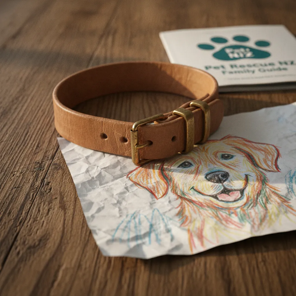 A child's drawing of a dog next to a worn leather dog collar on a wooden table