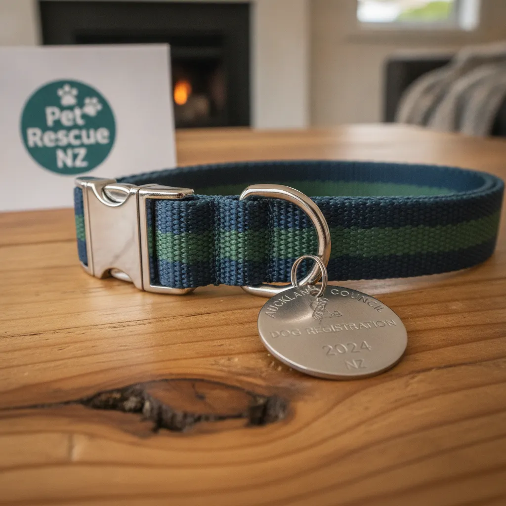 A close up of a dog collar and a New Zealand council registration tag on a wooden table