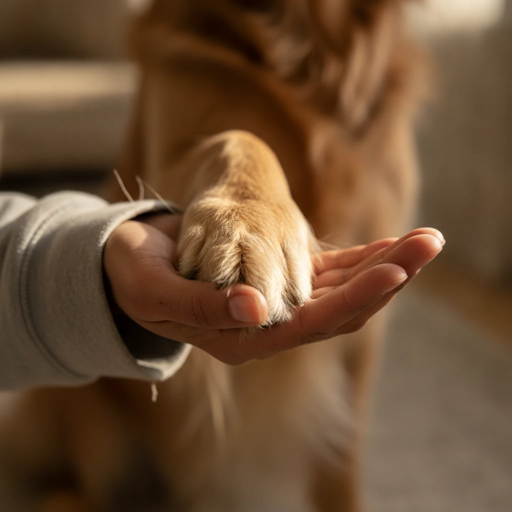 A close up of a dog paw resting in an adopter's hand, symbolizing trust and connection in the rehoming process