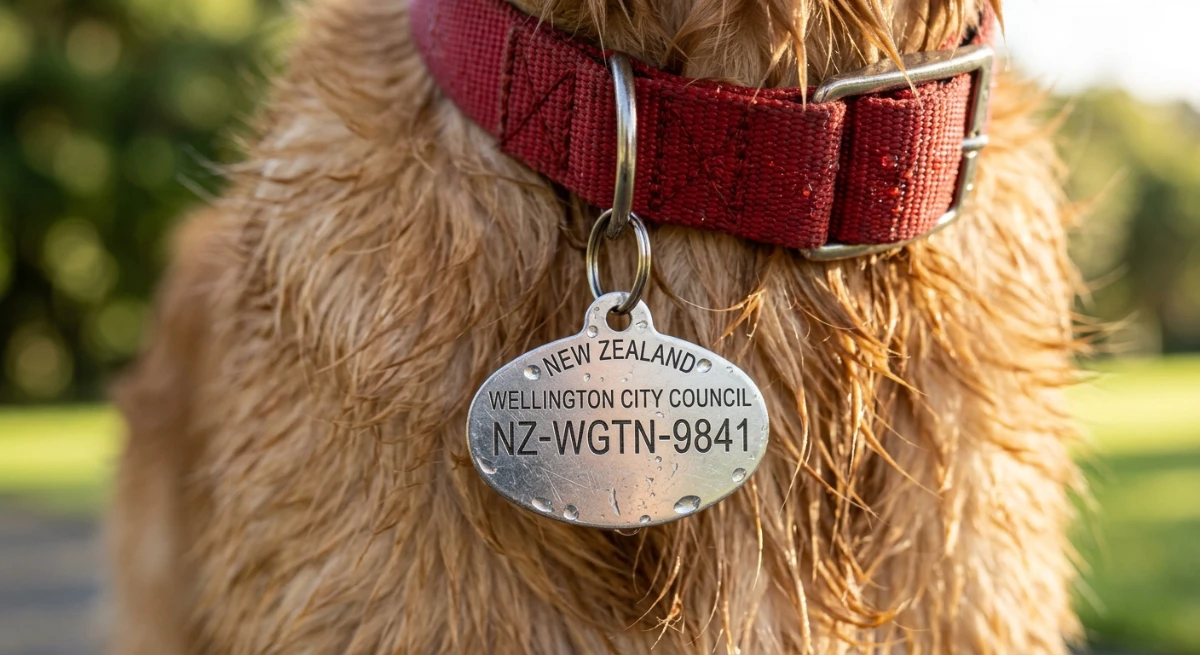 A close-up of a New Zealand council dog registration tag on a collar