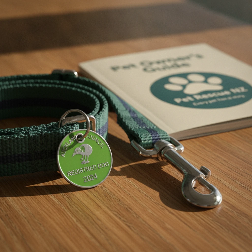 A close-up of a New Zealand local council dog registration tag attached to a collar