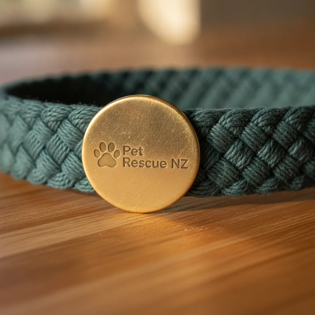 A close up of a pet registration tag and collar on a wooden table, highlighting the legal importance of updating microchip details