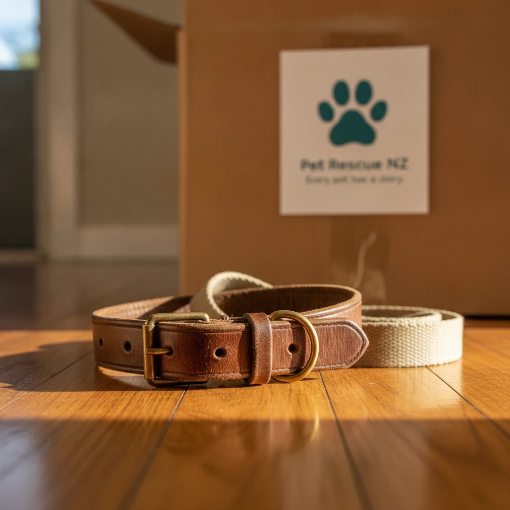 A dog collar and leash next to a packed cardboard moving box on a wooden floor