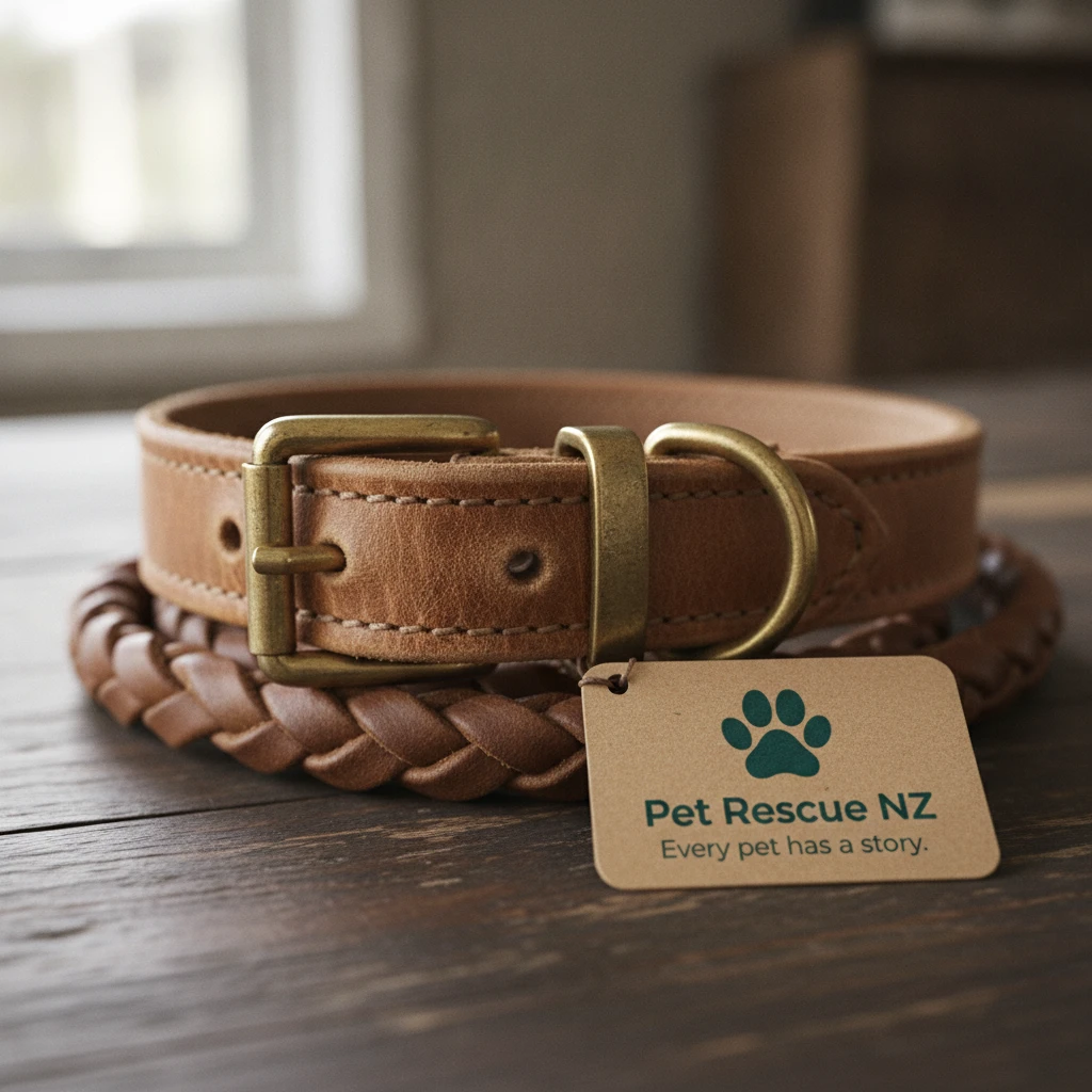 A dog collar and leash resting on a table, representing the transition of free dog rehoming in NZ