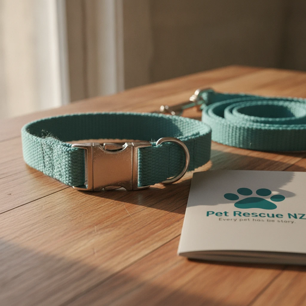 A dog collar and leash resting on a table, symbolizing the safe and legal transition of dog ownership