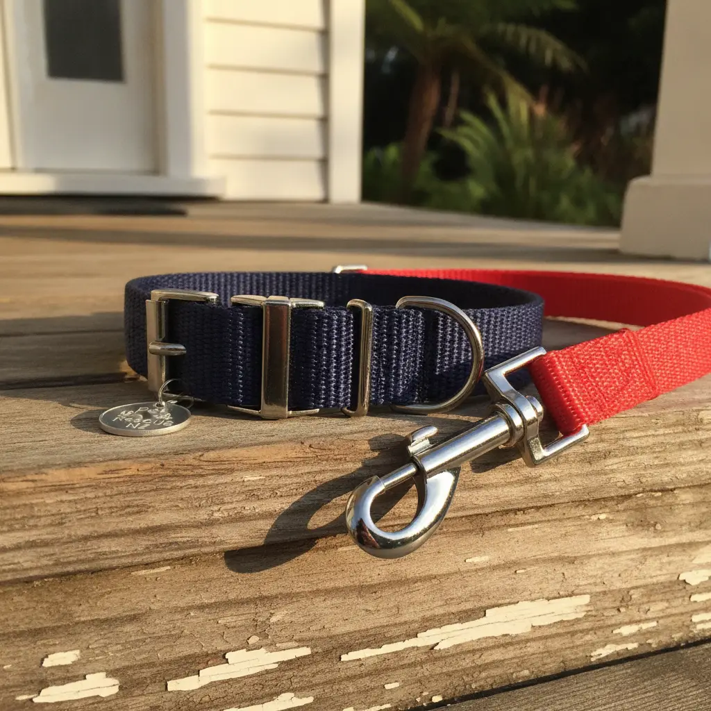 A dog collar and leash resting on a wooden step, symbolizing the transition of a pet to a new family