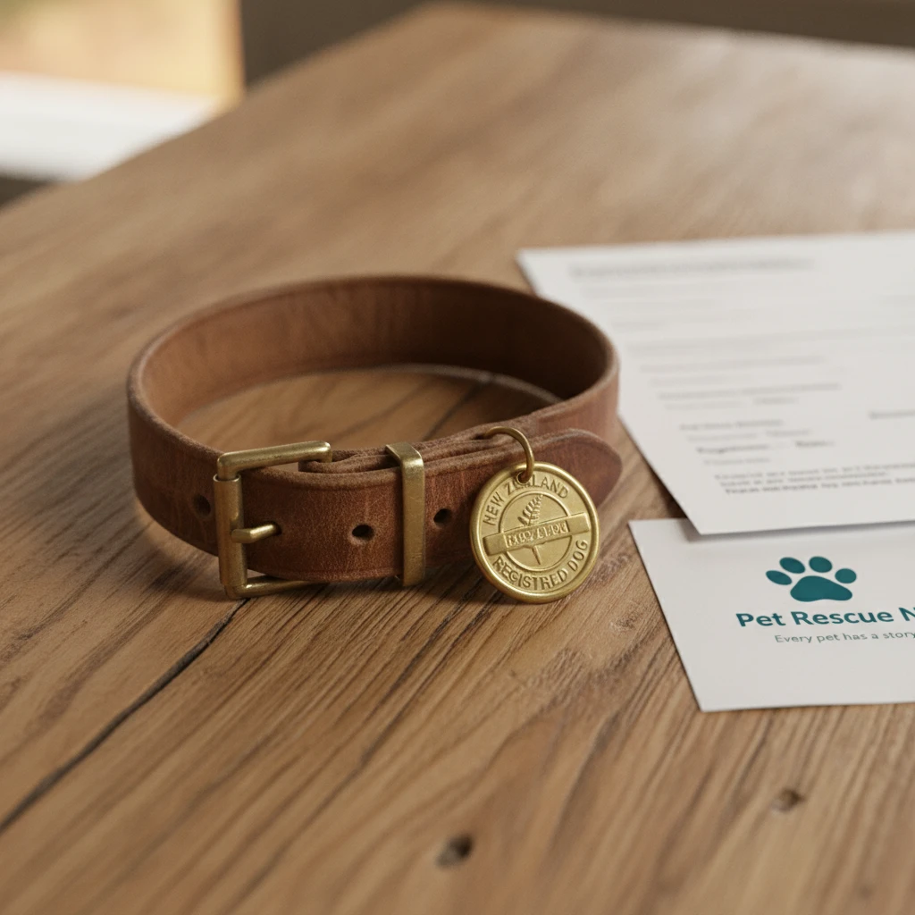 A dog collar and NZ microchip registration paperwork on a table