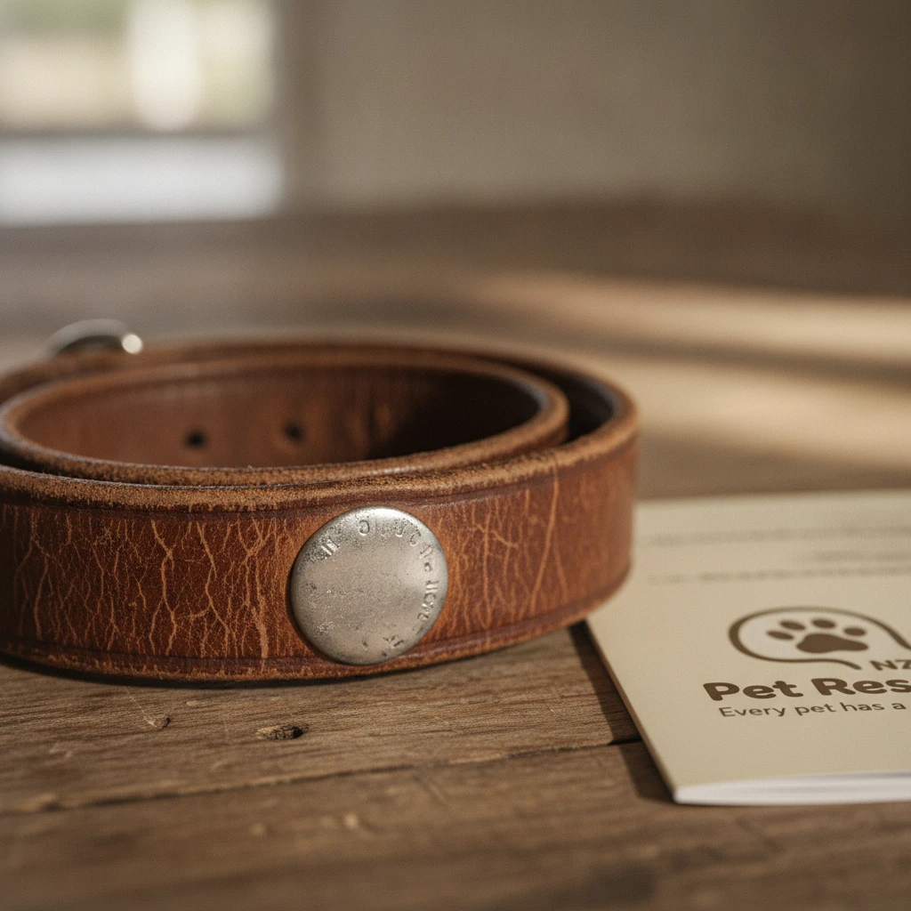 A dog collar and registration tag highlighting the legal responsibilities of rehoming a pet in New Zealand