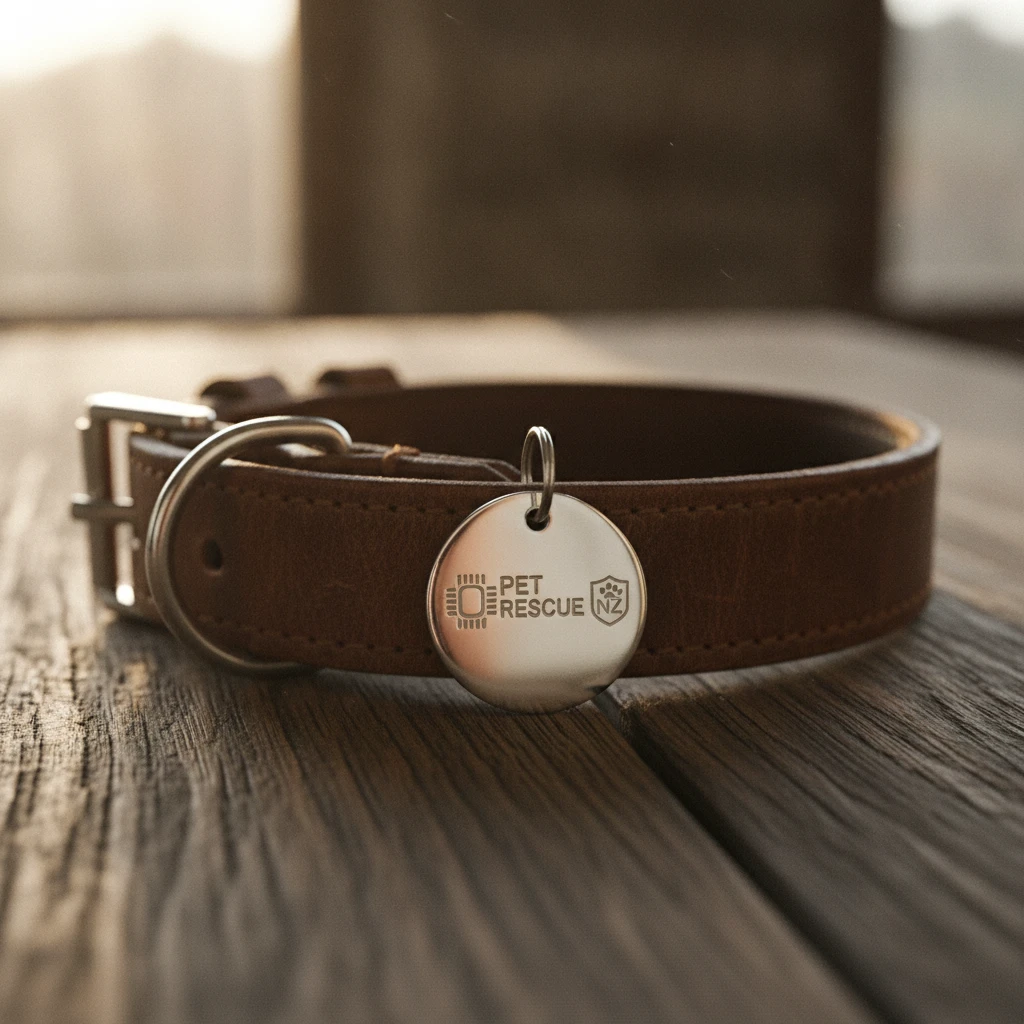 A dog collar and registration tag representing the legal steps of safe pet rehoming in New Zealand