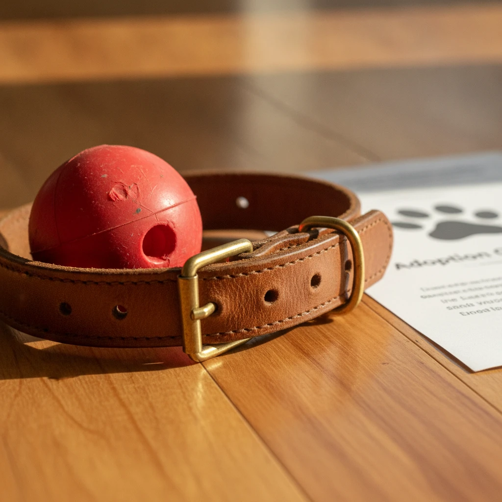 A dog's collar and favourite toy ready to go to a new home