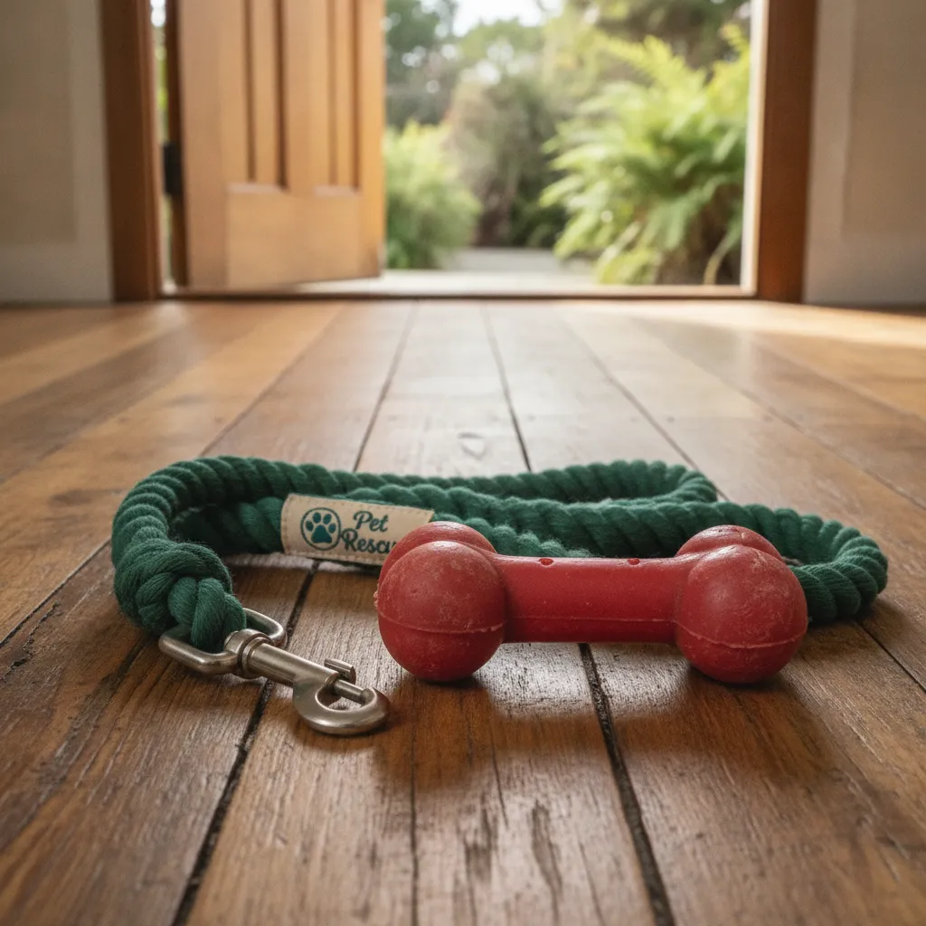 A dog's leash and toy by the front door, ready for the transition to a new forever home