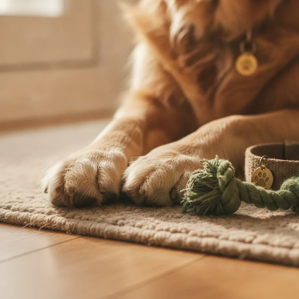 A dog's paws and chew toy resting safely on a home rug, representing zero cage time