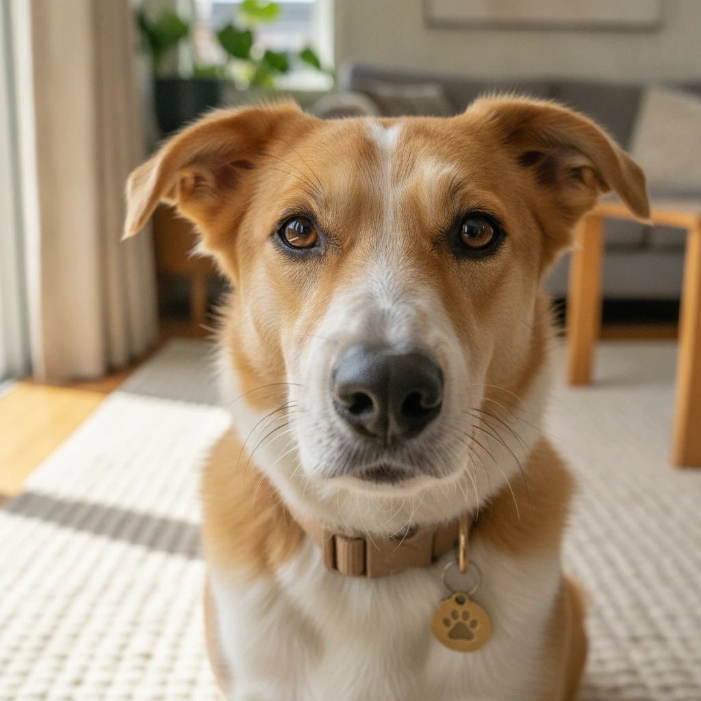A gentle mixed-breed dog looking out a window in a warm New Zealand home, waiting for a new family