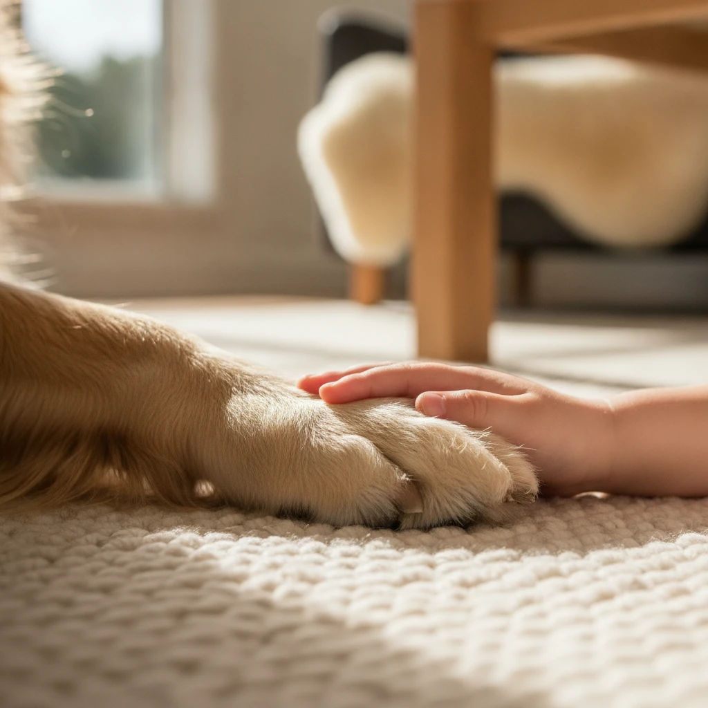 A golden retriever dog paw resting gently on a young child's hand on a living room rug
