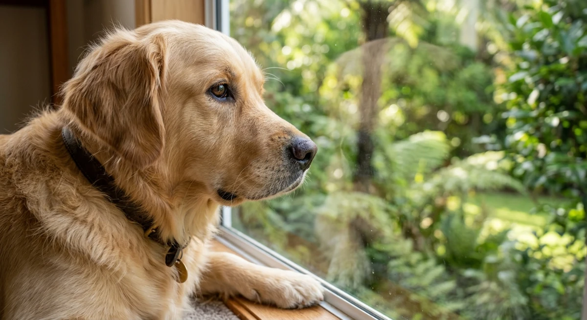 A golden retriever looking out a window into a green garden in New Zealand