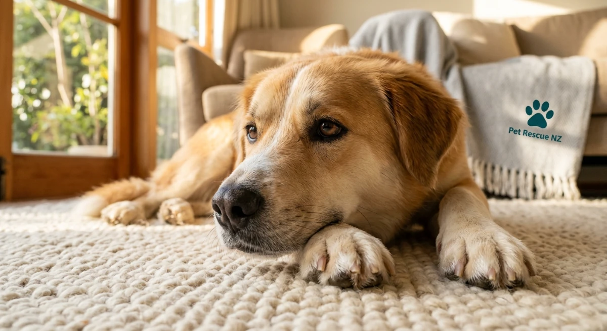 A happy dog resting comfortably on a rug in a sunlit New Zealand home