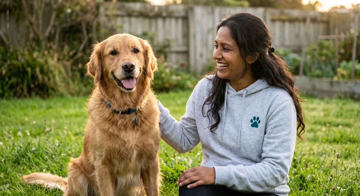 A happy Golden Retriever enjoying a sunny backyard in New Zealand