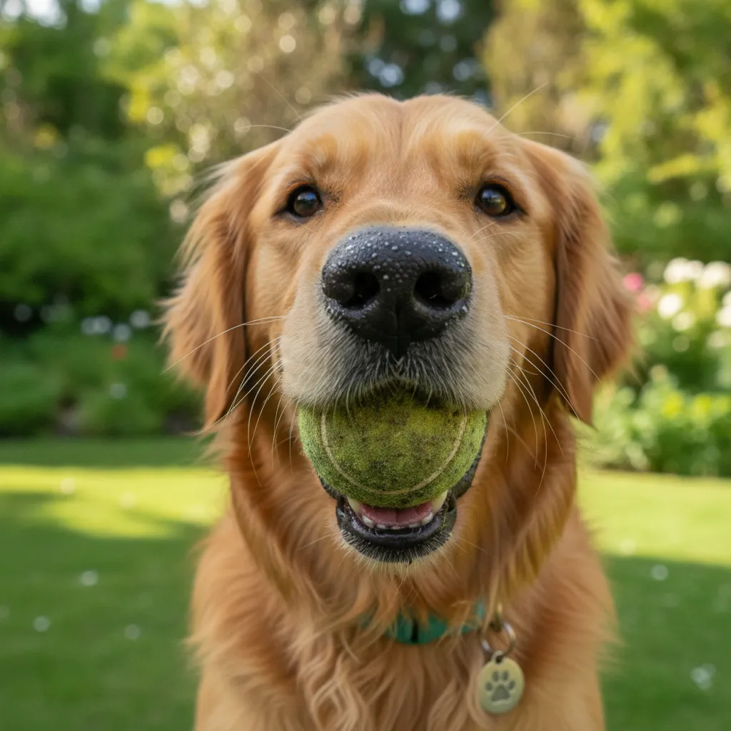 A happy Golden Retriever holding its favorite toy, ready for a safe transition to a new loving home