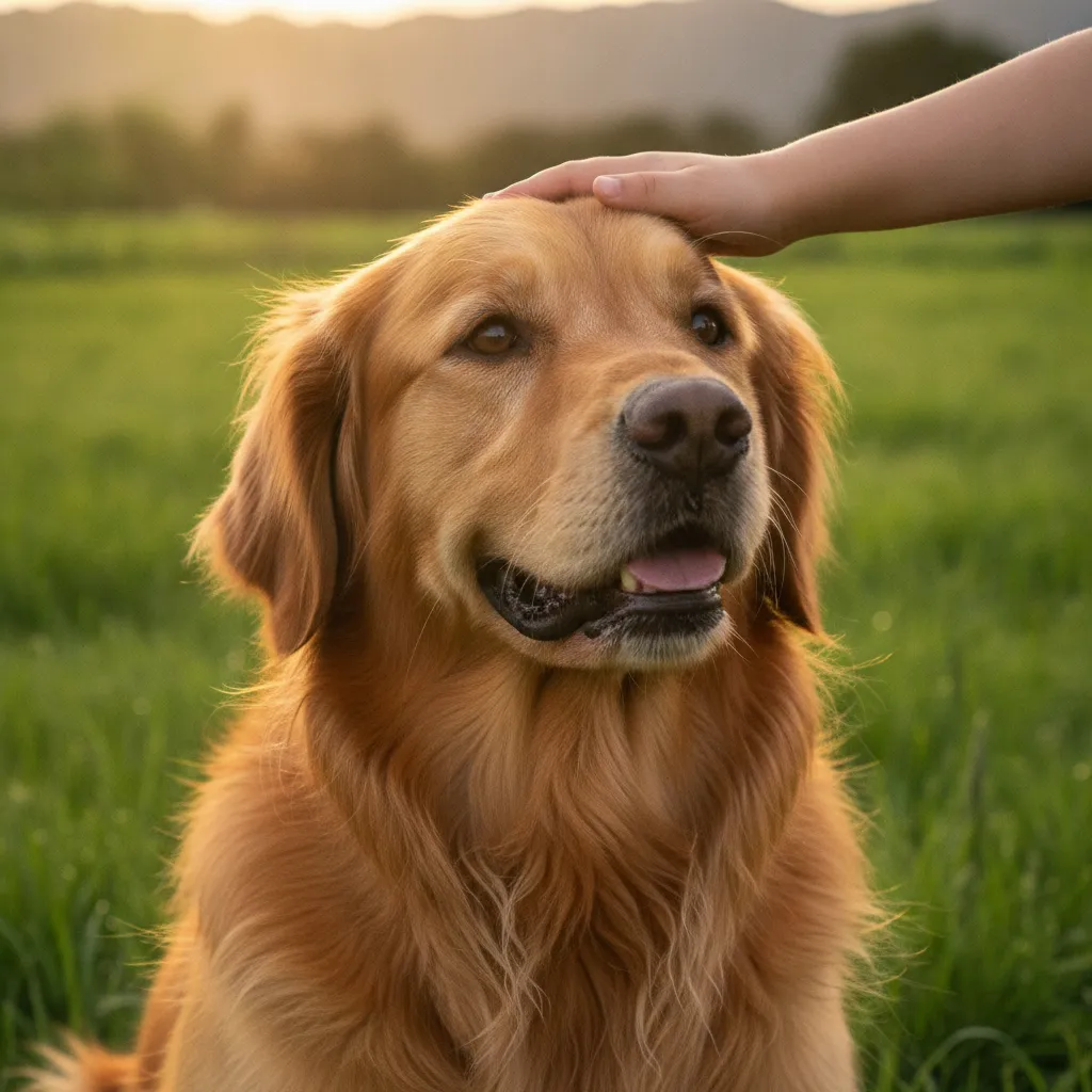 A happy golden retriever receiving a gentle pat on the head outdoors on lush green grass