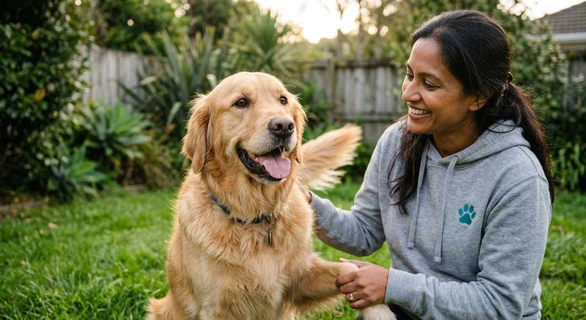A healthy golden retriever sitting in a green New Zealand backyard