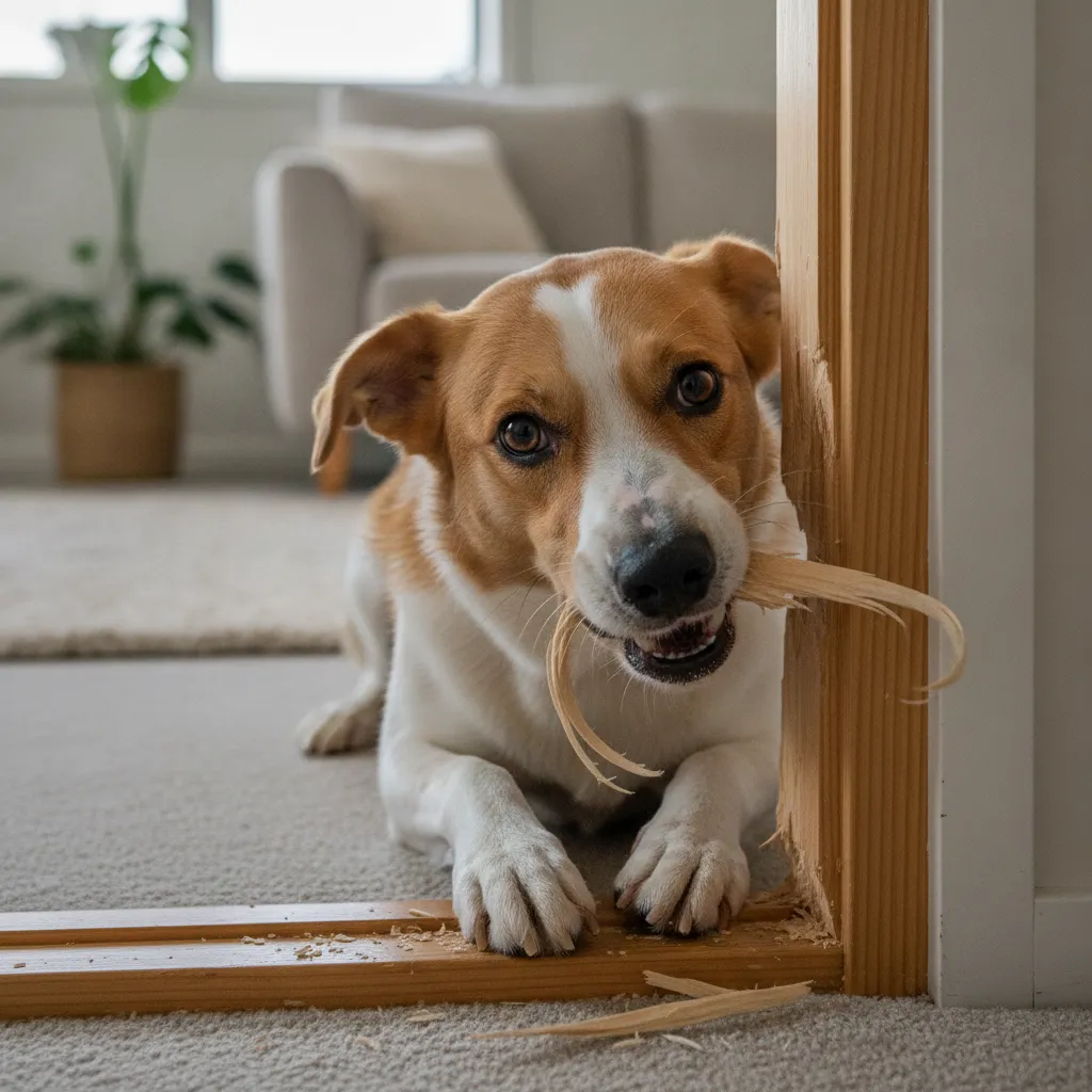 A highly detailed close-up of an anxious dog destructively chewing on a wooden door frame inside a home.