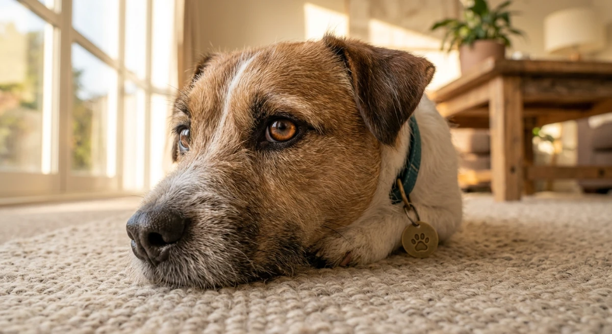 A hopeful mixed-breed dog resting on a rug in a sunlit New Zealand home