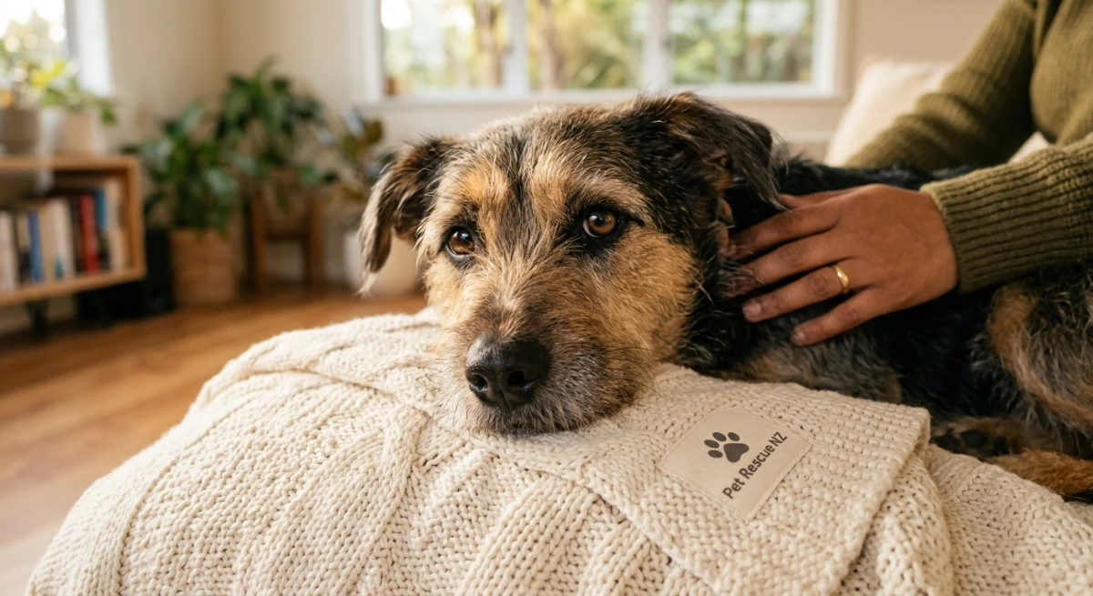 A hopeful rescue dog waiting for a new family in a comfortable home environment