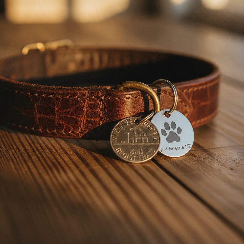A leather dog collar with a local New Zealand council registration tag