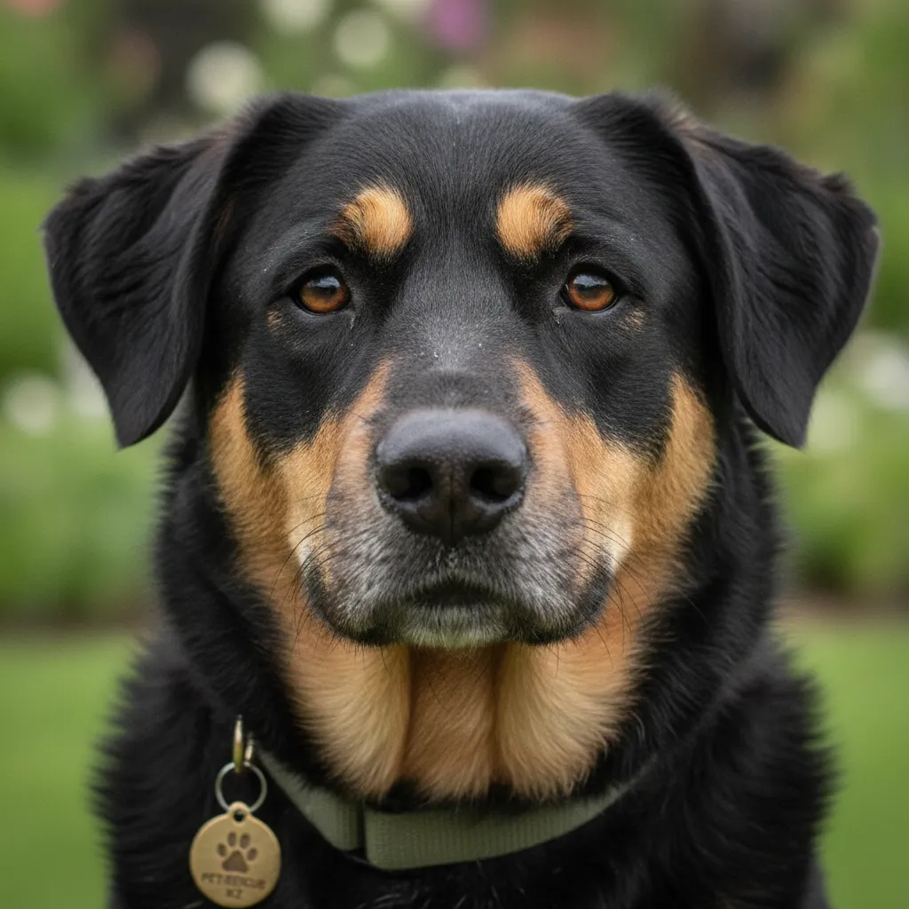 A loyal Kiwi dog looking directly at the camera with soft, intelligent eyes in a warm home setting
