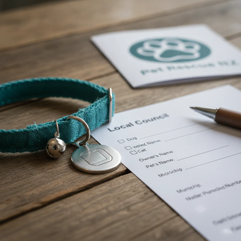 A pet collar, microchip tag, and New Zealand council registration transfer forms sitting on a table