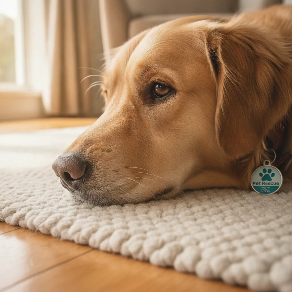 A relaxed dog resting at home, avoiding the stress of a physical shelter