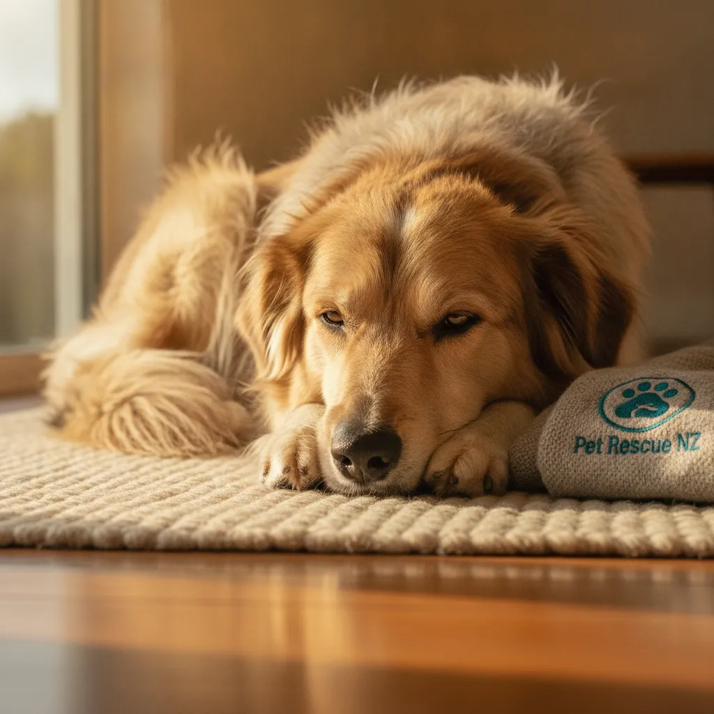 A relaxed dog resting at home, highlighting the comfort of home-to-home rehoming