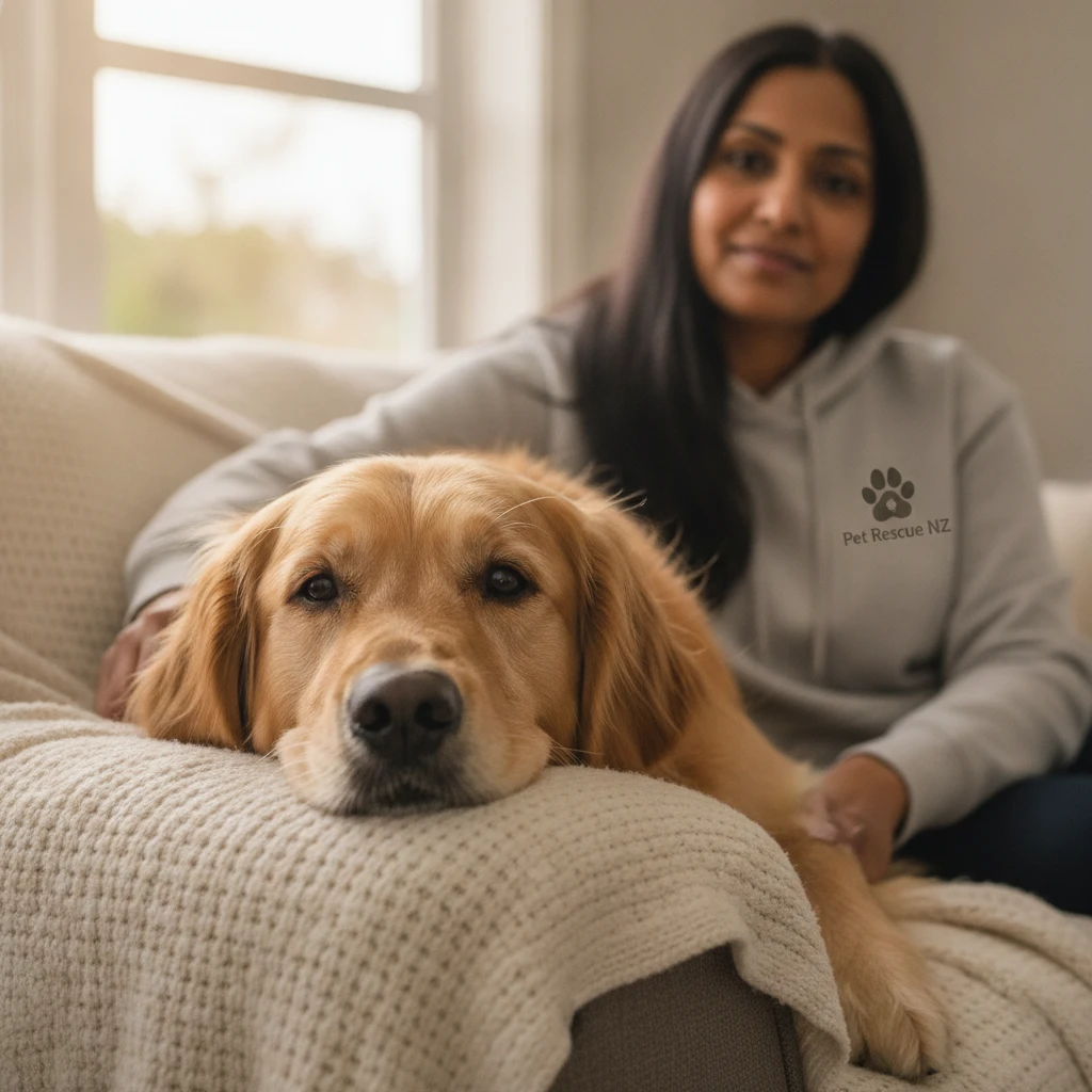 A relaxed dog resting comfortably on a couch at home, representing the zero cage time rehoming process