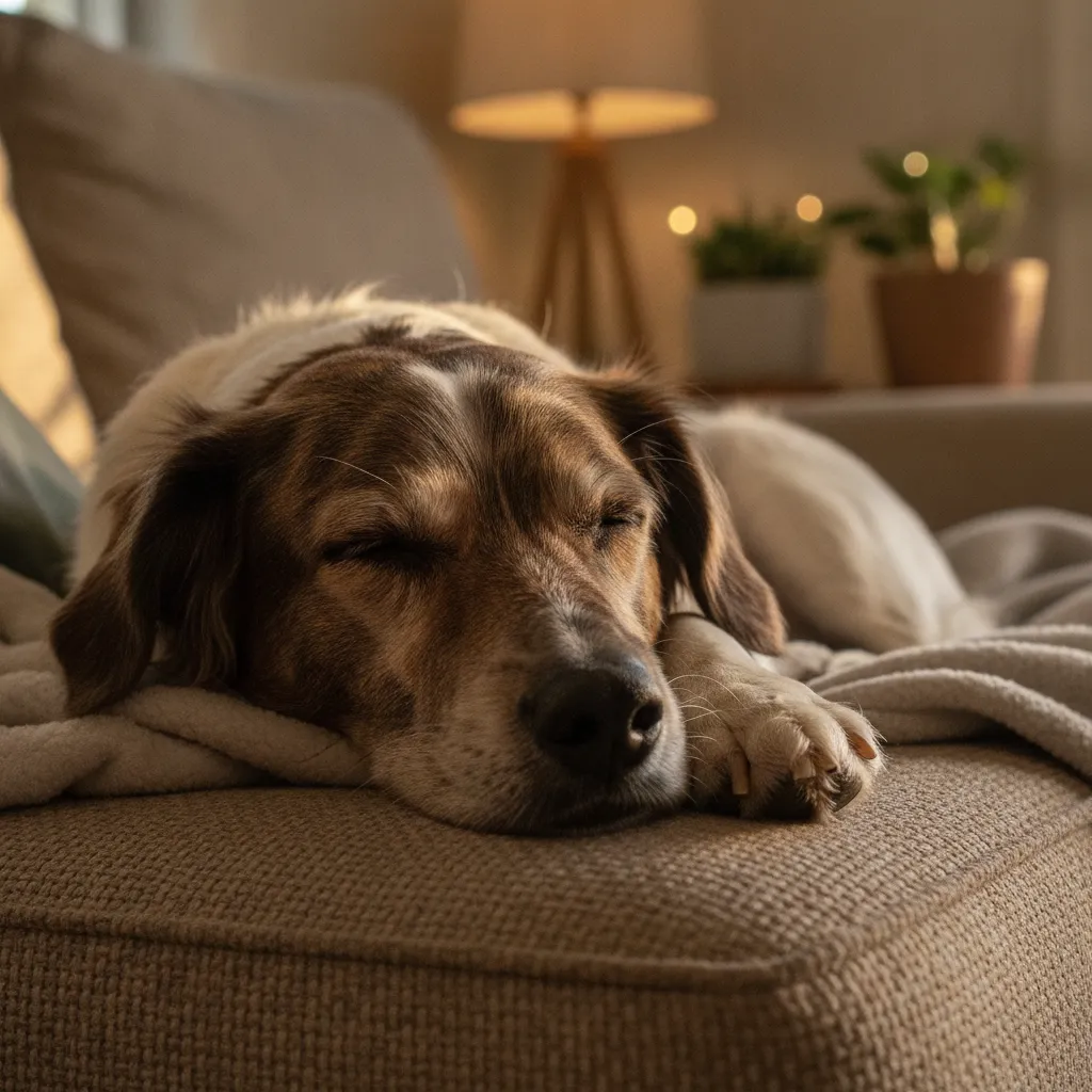 A relaxed dog resting on a couch, representing the zero cage time approach to home-to-home pet adoptions