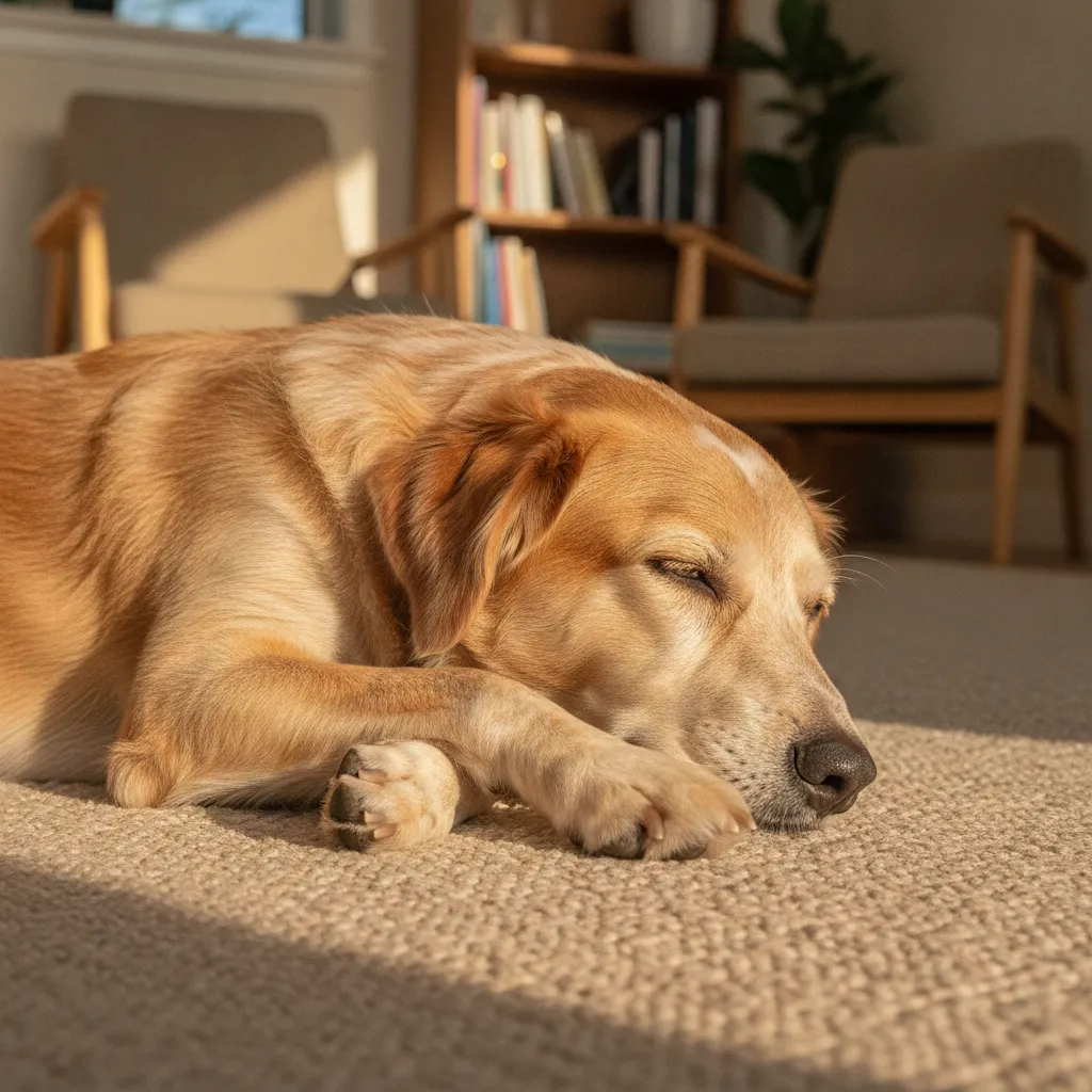 A relaxed dog resting safely at home, avoiding the stress of a shelter environment