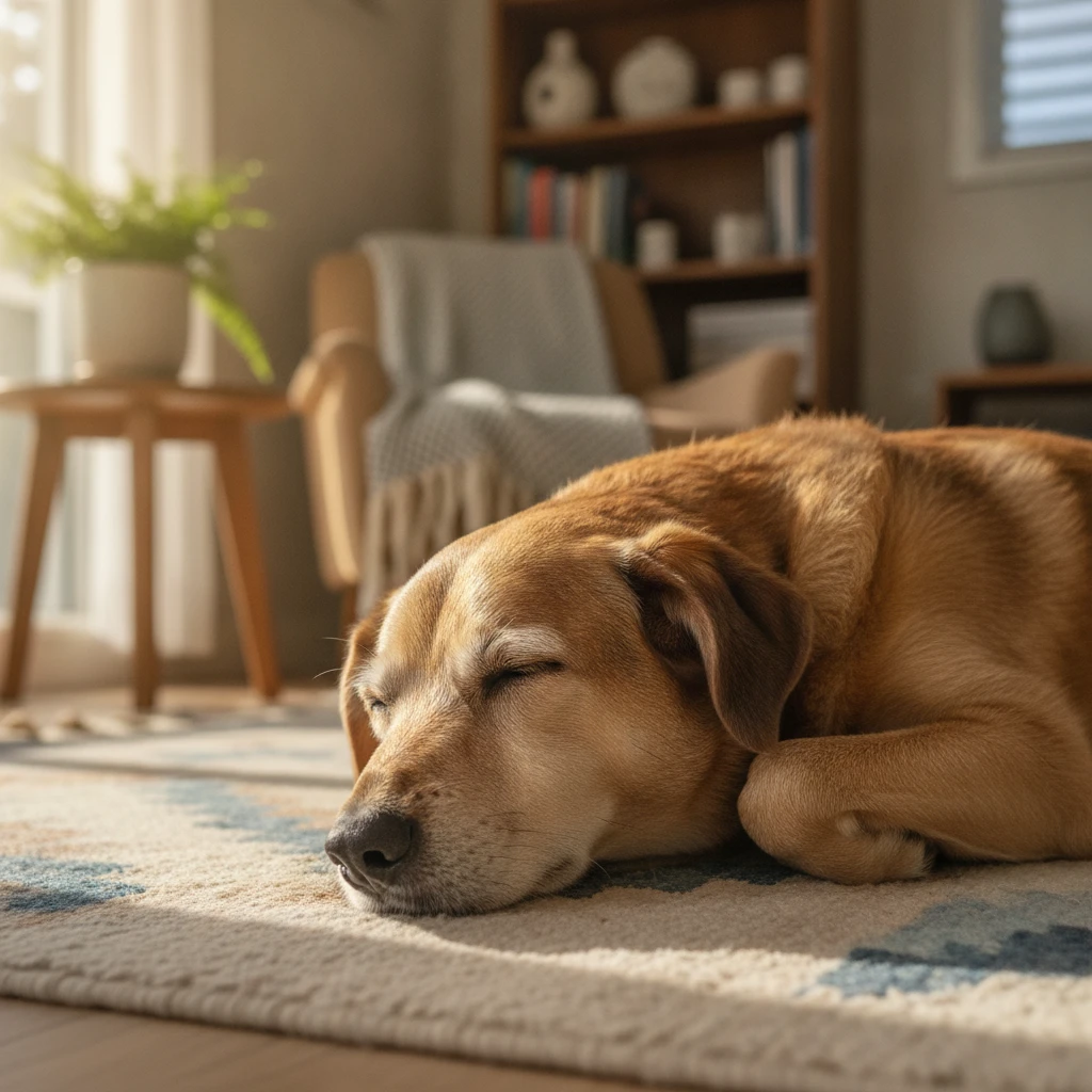 A relaxed dog resting safely at home during the rehoming process