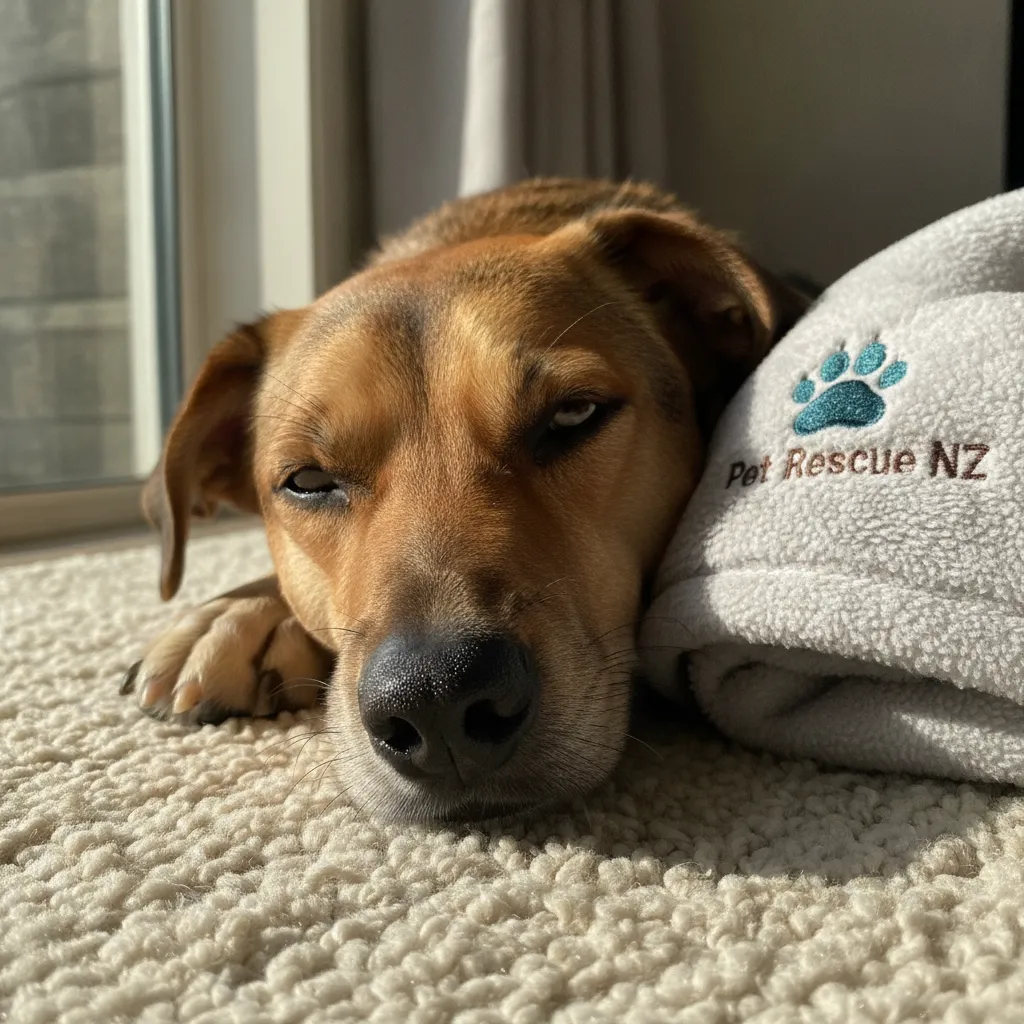 A relaxed dog resting safely at home, highlighting the benefits of zero cage time